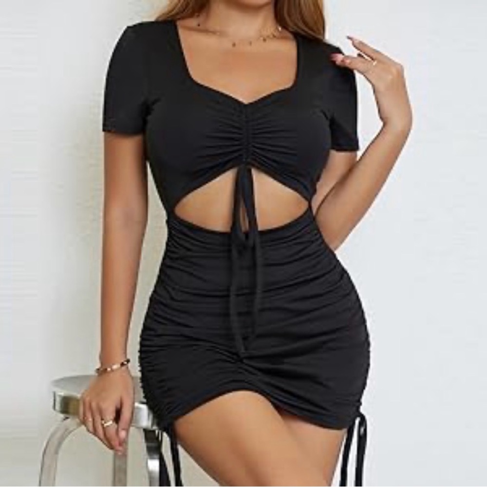 Black Mini Dress with Ruched Cutout Detail